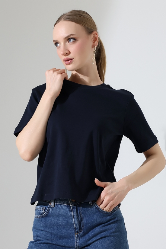 22177 KADIN İNTERLOK PENYE COMP PAMUKLU KISA KOL BİSİKLET YAKA TSHIRT