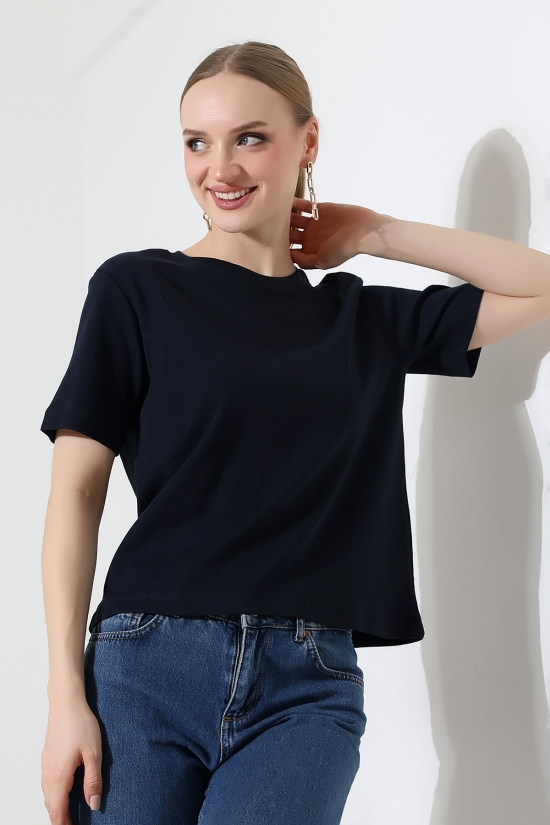 22177 KADIN İNTERLOK PENYE COMP PAMUKLU KISA KOL BİSİKLET YAKA TSHIRT