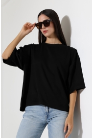 22286 KADIN YARIM KOL OVERSİZE YANLARI YIRTMAÇLI BİSİKLET YAKA DOUBLEFACE YUMUŞAK DOKU TSHIRT 