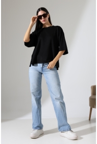 22286 KADIN YARIM KOL OVERSİZE YANLARI YIRTMAÇLI BİSİKLET YAKA DOUBLEFACE YUMUŞAK DOKU TSHIRT 