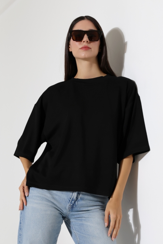 22286 KADIN YARIM KOL OVERSİZE YANLARI YIRTMAÇLI BİSİKLET YAKA DOUBLEFACE YUMUŞAK DOKU TSHIRT 