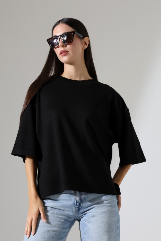 22286 KADIN YARIM KOL OVERSİZE YANLARI YIRTMAÇLI BİSİKLET YAKA DOUBLEFACE YUMUŞAK DOKU TSHIRT 
