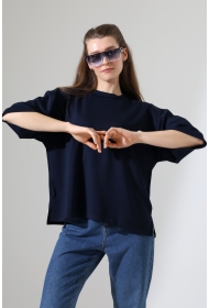 22286 KADIN YARIM KOL OVERSİZE YANLARI YIRTMAÇLI BİSİKLET YAKA DOUBLEFACE YUMUŞAK DOKU TSHIRT 