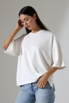 22286 KADIN YARIM KOL OVERSİZE YANLARI YIRTMAÇLI BİSİKLET YAKA DOUBLEFACE YUMUŞAK DOKU TSHIRT 