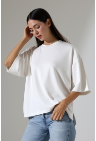 22286 KADIN YARIM KOL OVERSİZE YANLARI YIRTMAÇLI BİSİKLET YAKA DOUBLEFACE YUMUŞAK DOKU TSHIRT 