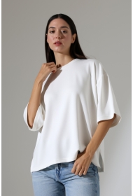 22286 KADIN YARIM KOL OVERSİZE YANLARI YIRTMAÇLI BİSİKLET YAKA DOUBLEFACE YUMUŞAK DOKU TSHIRT 