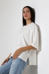 22286 KADIN YARIM KOL OVERSİZE YANLARI YIRTMAÇLI BİSİKLET YAKA DOUBLEFACE YUMUŞAK DOKU TSHIRT 