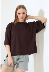 22286 KADIN YARIM KOL OVERSİZE YANLARI YIRTMAÇLI BİSİKLET YAKA DOUBLEFACE YUMUŞAK DOKU TSHIRT 