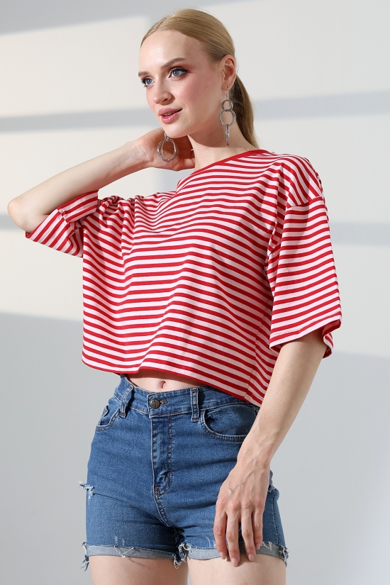 22333 KADIN FULL LYC RİNGELLİ ÇİZGİLİ KUMAŞ PAMUKLU KISA KOL BİSİKLET YAKA TSHIRT