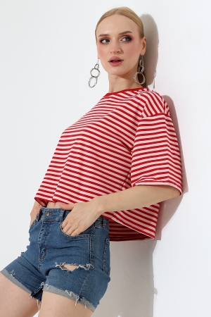 22333 KADIN FULL LYC RİNGELLİ ÇİZGİLİ KUMAŞ PAMUKLU KISA KOL BİSİKLET YAKA TSHIRT