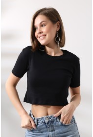 21560 KADIN PENYE COMP LİKRASIZ RİB PAMUKLU BİSİKLET YAKA CROP TSHIRT