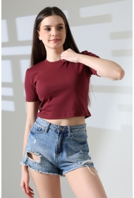 21560 KADIN PENYE COMP LİKRASIZ RİB PAMUKLU BİSİKLET YAKA CROP TSHIRT