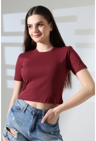 21560 KADIN PENYE COMP LİKRASIZ RİB PAMUKLU BİSİKLET YAKA CROP TSHIRT