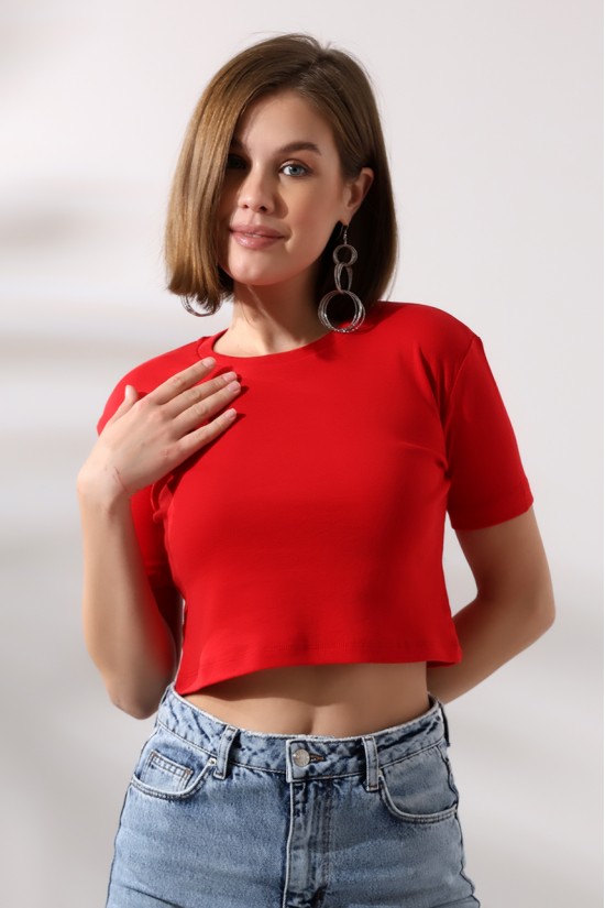 21560 KADIN PENYE COMP LİKRASIZ RİB PAMUKLU BİSİKLET YAKA CROP TSHIRT