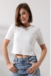 21560 KADIN PENYE COMP LİKRASIZ RİB PAMUKLU BİSİKLET YAKA CROP TSHIRT