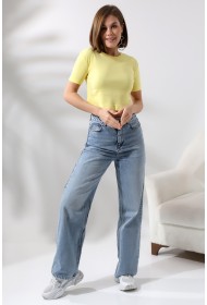 21560 KADIN PENYE COMP LİKRASIZ RİB PAMUKLU BİSİKLET YAKA CROP TSHIRT