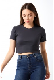 21560 KADIN PENYE COMP LİKRASIZ RİB PAMUKLU BİSİKLET YAKA CROP TSHIRT