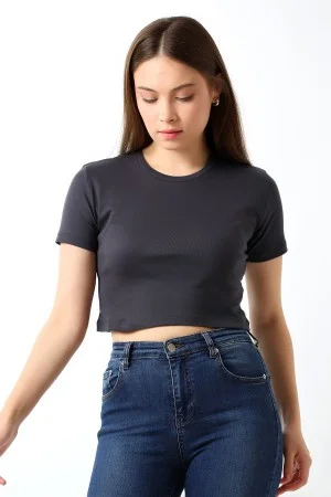 21560 KADIN PENYE COMP LİKRASIZ RİB PAMUKLU BİSİKLET YAKA CROP TSHIRT