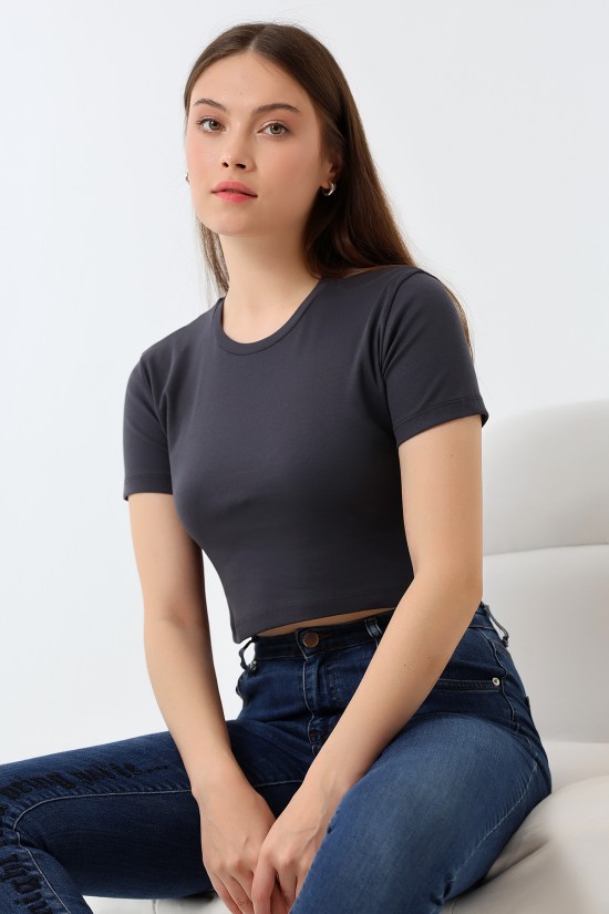 21560 KADIN PENYE COMP LİKRASIZ RİB PAMUKLU BİSİKLET YAKA CROP TSHIRT