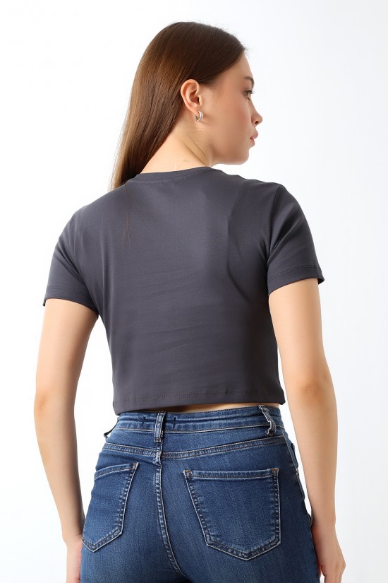 21560 KADIN PENYE COMP LİKRASIZ RİB PAMUKLU BİSİKLET YAKA CROP TSHIRT