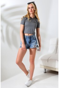 21560 KADIN PENYE COMP LİKRASIZ RİB PAMUKLU BİSİKLET YAKA CROP TSHIRT