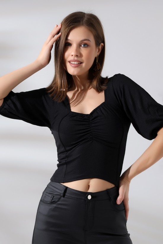 21121 BAYAN BÜRÜMCÜK ÖNARKA KARE YAKA BALON YARIM KOLUCU LAST.TSHIRT