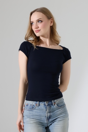 22101 KADIN KISA KOLUCU BİYELİ FULL LYC RİB KOMPAKT PENYE BİYELİ BİNDİRMELİ KARE YAKA T-SHIRT