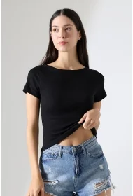 21996 KADIN KAYIK YAKA FULL LYC KOMPAKT PENYE KISA KOL TSHIRT 