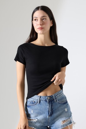 21996 KADIN KAYIK YAKA FULL LYC KOMPAKT PENYE KISA KOL TSHIRT 