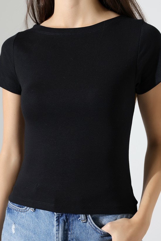 21996 KADIN KAYIK YAKA FULL LYC KOMPAKT PENYE KISA KOL TSHIRT 