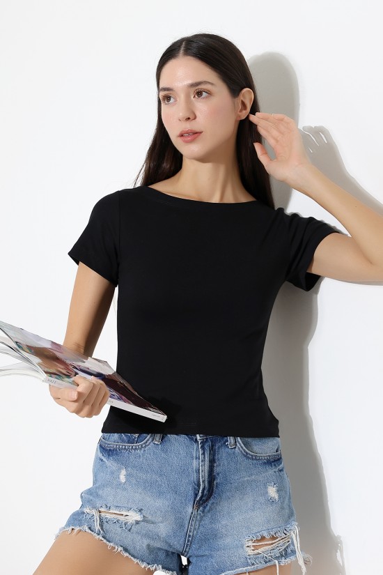 21996 KADIN KAYIK YAKA FULL LYC KOMPAKT PENYE KISA KOL TSHIRT 