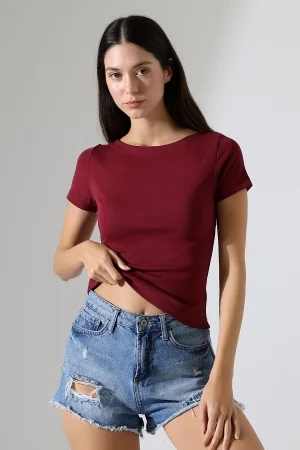 21996 KADIN KAYIK YAKA FULL LYC KOMPAKT PENYE KISA KOL TSHIRT 