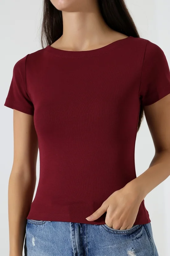 21996 KADIN KAYIK YAKA FULL LYC KOMPAKT PENYE KISA KOL TSHIRT 