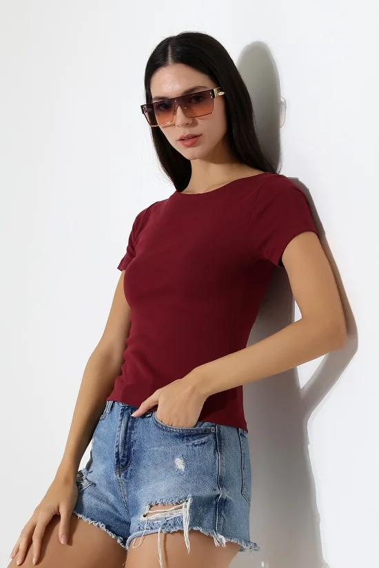 21996 KADIN KAYIK YAKA FULL LYC KOMPAKT PENYE KISA KOL TSHIRT 