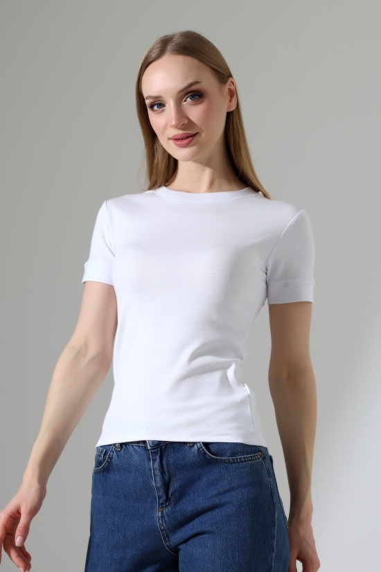 22264 KADIN BİSİKLET YAKA KISA KOLU KALIN BİYELİ FULL LYC KOMPAKT PENYE KISA KOL TSHIRT 