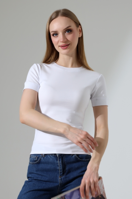 22264 KADIN BİSİKLET YAKA KISA KOLU KALIN BİYELİ FULL LYC KOMPAKT PENYE KISA KOL TSHIRT 