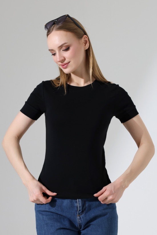 22264 KADIN BİSİKLET YAKA KISA KOLU KALIN BİYELİ FULL LYC KOMPAKT PENYE KISA KOL TSHIRT 