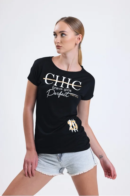 19609 CHİC BASK.BAYAN KISA KOLU BEDENDE SALAŞ VSK TSHIRT 