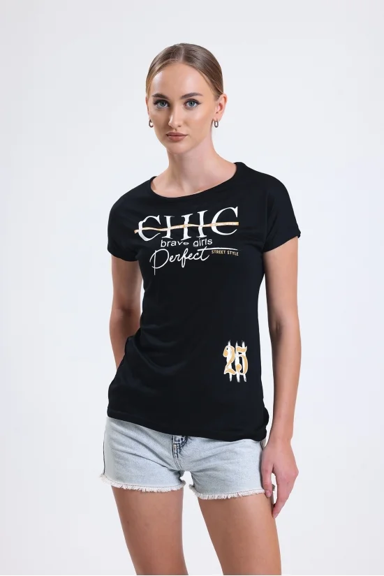 19609 CHİC BASK.BAYAN KISA KOLU BEDENDE SALAŞ VSK TSHIRT 