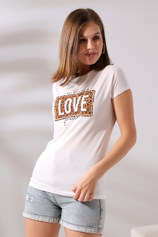 19544 LOVE LEOPARDESEN BASK.BAYAN KISA KOLU BEDENDE SALAŞ VSK TSHIRT 
