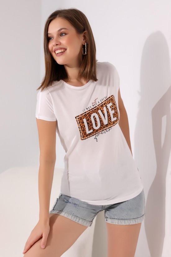 19544 LOVE LEOPARDESEN BASK.BAYAN KISA KOLU BEDENDE SALAŞ VSK TSHIRT 