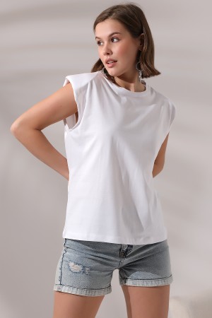 19619 KADIN ARK PARÇ.OMUZLARI VATKALI KISA KOLU BEDENLE PAMUKLU SALAŞ TSHIRT