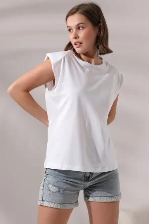 19619 KADIN ARK PARÇ.OMUZLARI VATKALI KISA KOLU BEDENLE PAMUKLU SALAŞ TSHIRT
