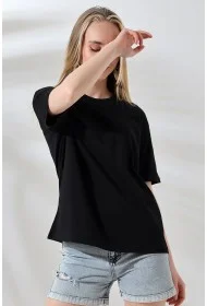 21667 KADIN KALIN FAYN PENYE KOMPAKT YAKA KAŞGORSELİ KISA KOL GENİŞ SALAŞ  TSHIRT