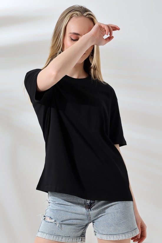 21667 KADIN KALIN FAYN PENYE COMPACK YAKA KAŞGORSELİ KISA KOL GENİŞ SALAŞ  TSHIRT