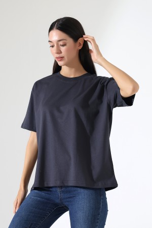 21667 KADIN KALIN FAYN PENYE KOMPAKT YAKA KAŞGORSELİ KISA KOL GENİŞ SALAŞ  TSHIRT