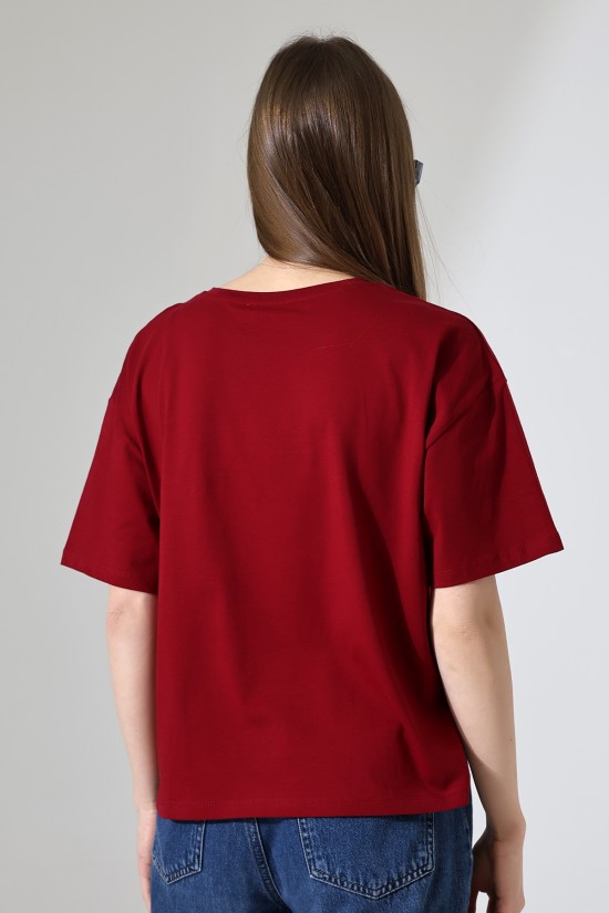 21929 KADIN KISA KOL GENİŞ VE YANLARI YIRTMAÇLI ARKASI OVAL BİSİKLET YAKA TSHIRT