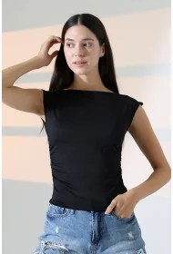 21895  KADIN KAYIK YAKA MİKRO JAPONE  KOL YANLARI BÜZGÜLÜ  TSHIRT 