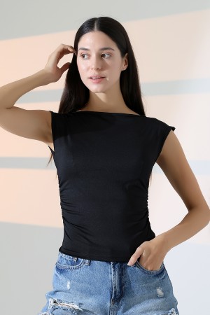 21895  KADIN KAYIK YAKA MİKRO JAPONE  KOL YANLARI BÜZGÜLÜ  TSHIRT 