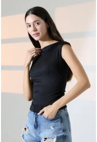 21895  KADIN KAYIK YAKA MİKRO JAPONE  KOL YANLARI BÜZGÜLÜ  TSHIRT 